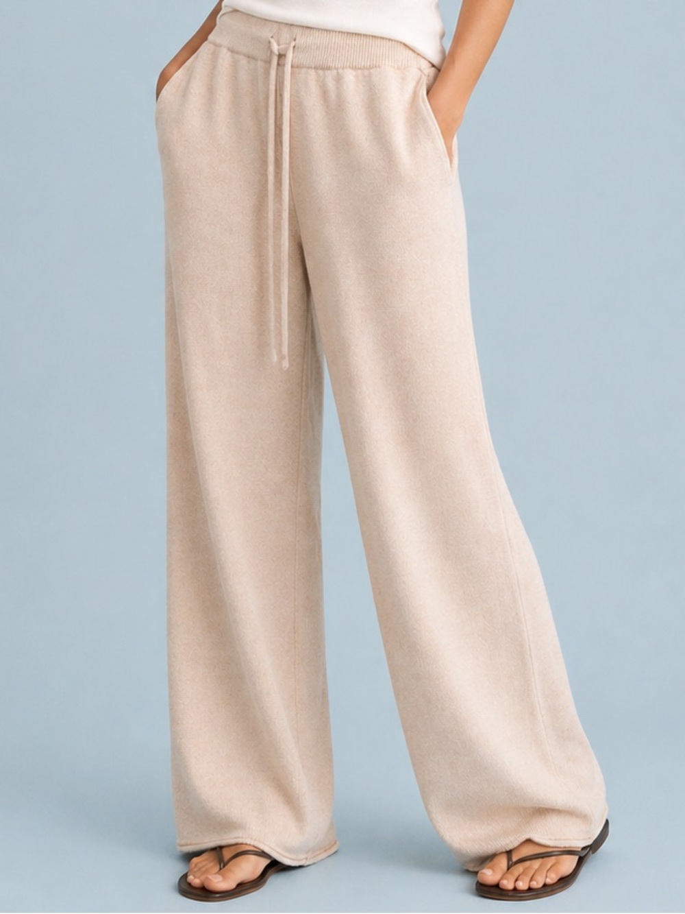 Women's Beige Knit Wide Leg Pants XL Drawstring Waist Lounge Coastal Resort NWOT